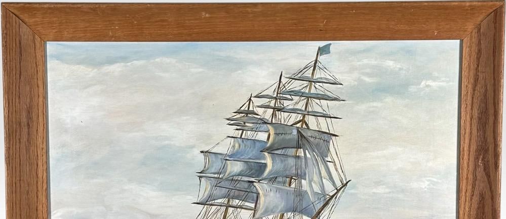 Vintage Mid Century Maritime Clipper Ship Framed Original Seascape Oil Painting - 5