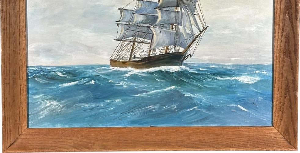 Vintage Mid Century Maritime Clipper Ship Framed Original Seascape Oil Painting - 6
