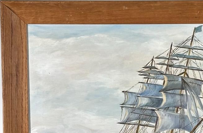 Vintage Mid Century Maritime Clipper Ship Framed Original Seascape Oil Painting - 7
