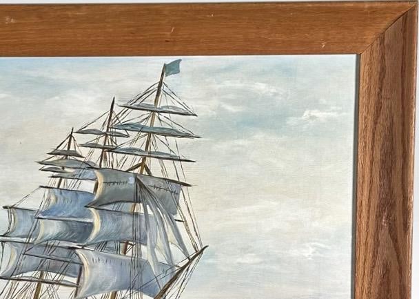 Vintage Mid Century Maritime Clipper Ship Framed Original Seascape Oil Painting - 8