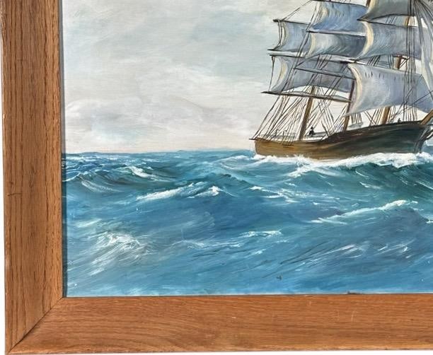 Vintage Mid Century Maritime Clipper Ship Framed Original Seascape Oil Painting - 9