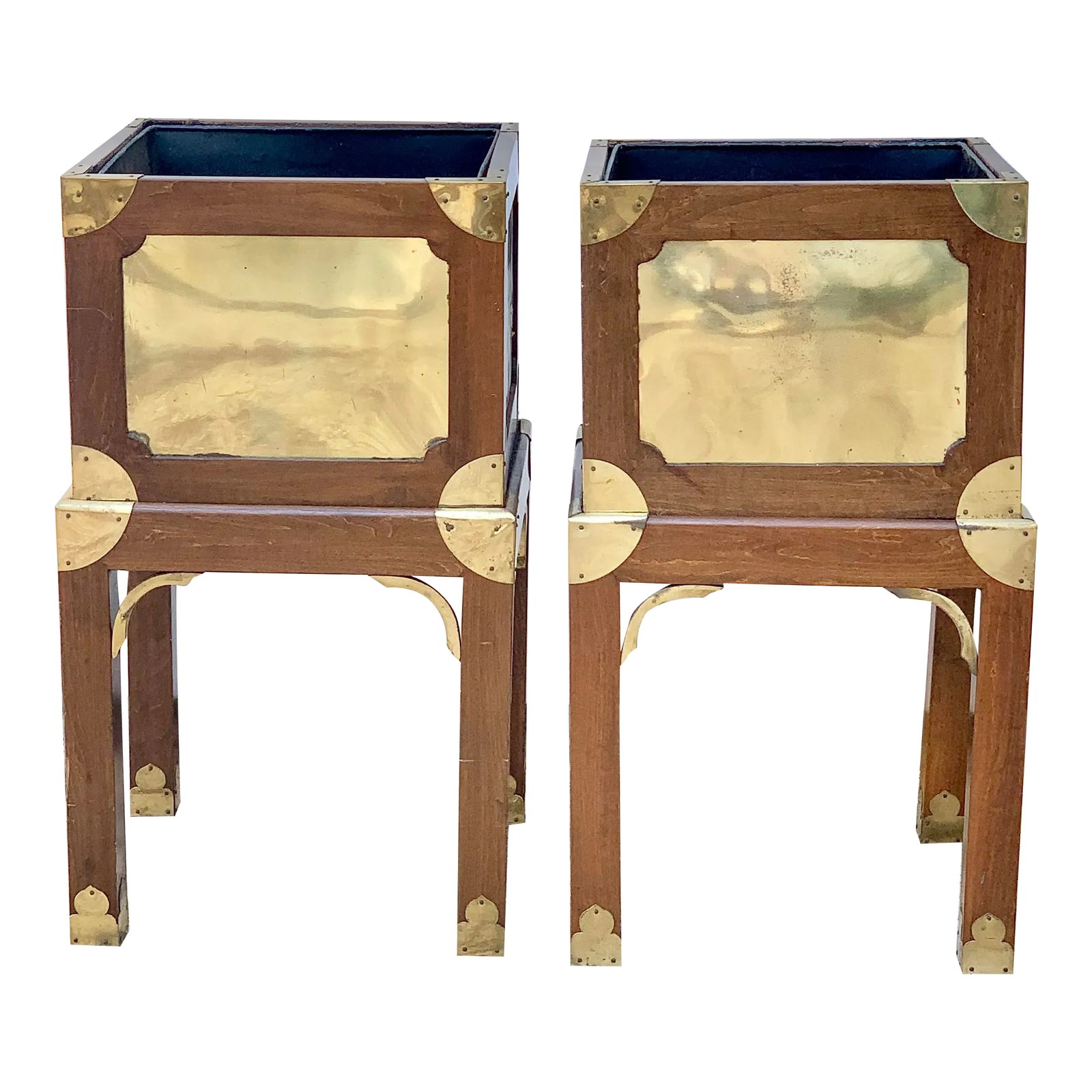 Vintage Brass and Wood Chinoiserie Style Plant Stands-A Pair: Fabulous vintage pair of plant stands. Made of wood and brass. Chinoiserie and campaign style design. The tops can be removed off the tables. Perfect for indoor gardening. These are pre-owned items so