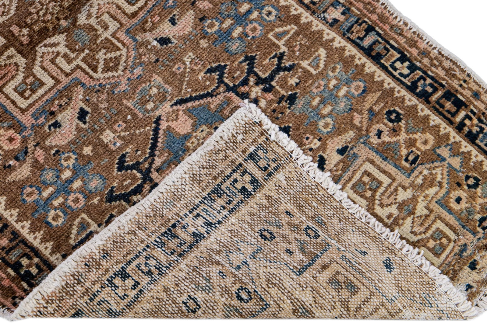 Vintage Distressed Geometric Brown Wool Runner - 2