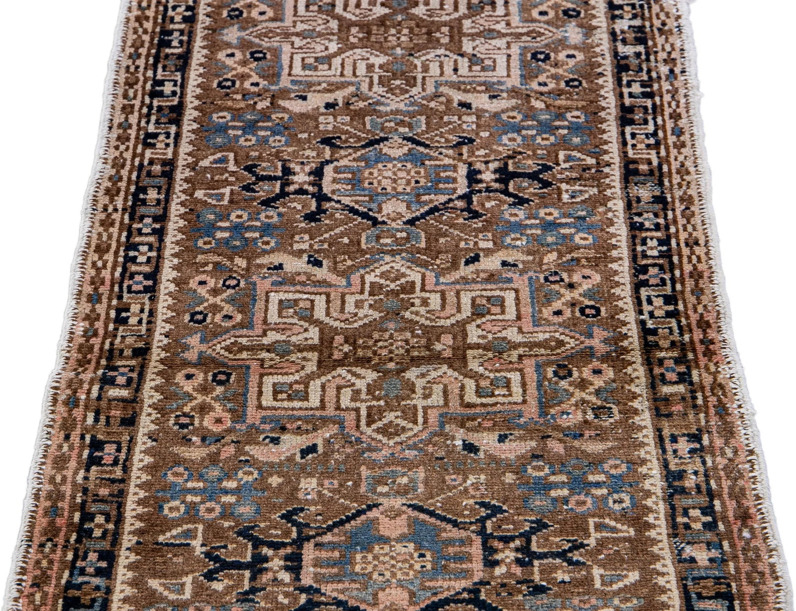 Vintage Distressed Geometric Brown Wool Runner - 3