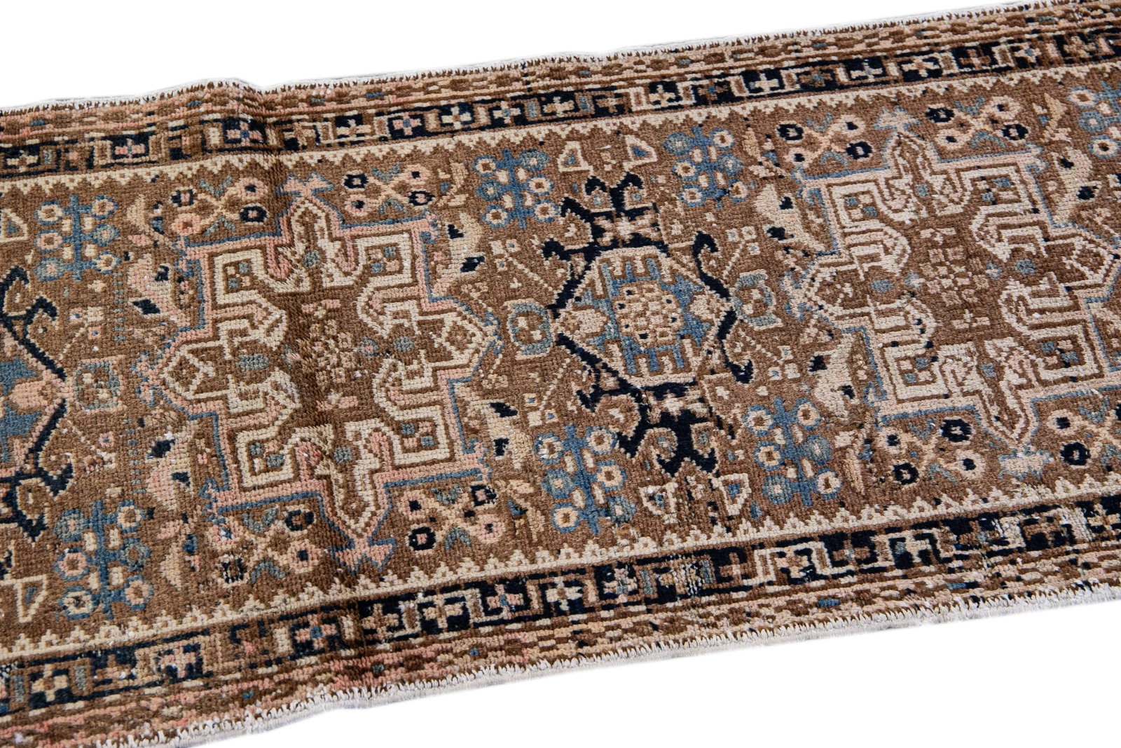 Vintage Distressed Geometric Brown Wool Runner - 4