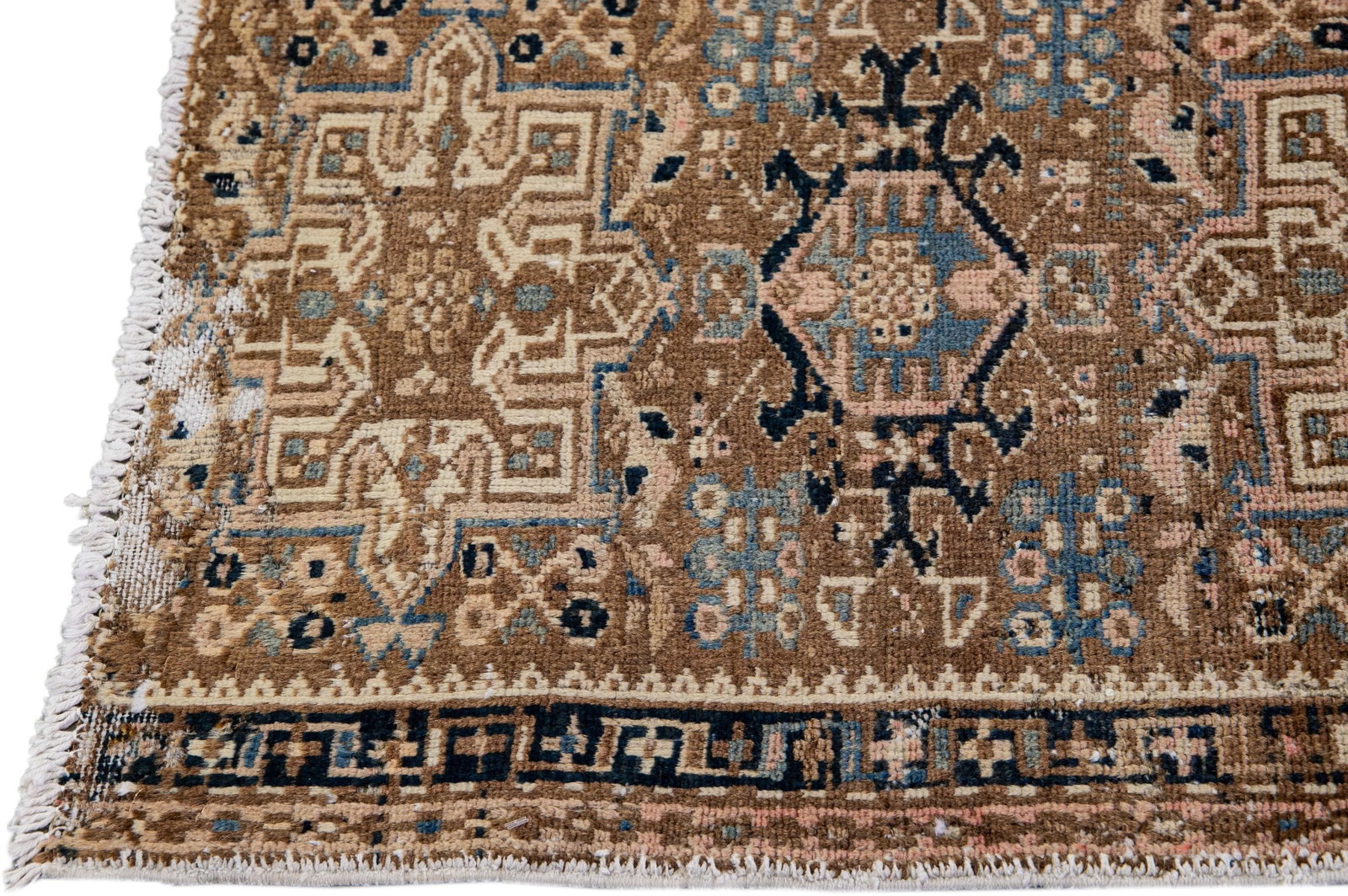 Vintage Distressed Geometric Brown Wool Runner - 5