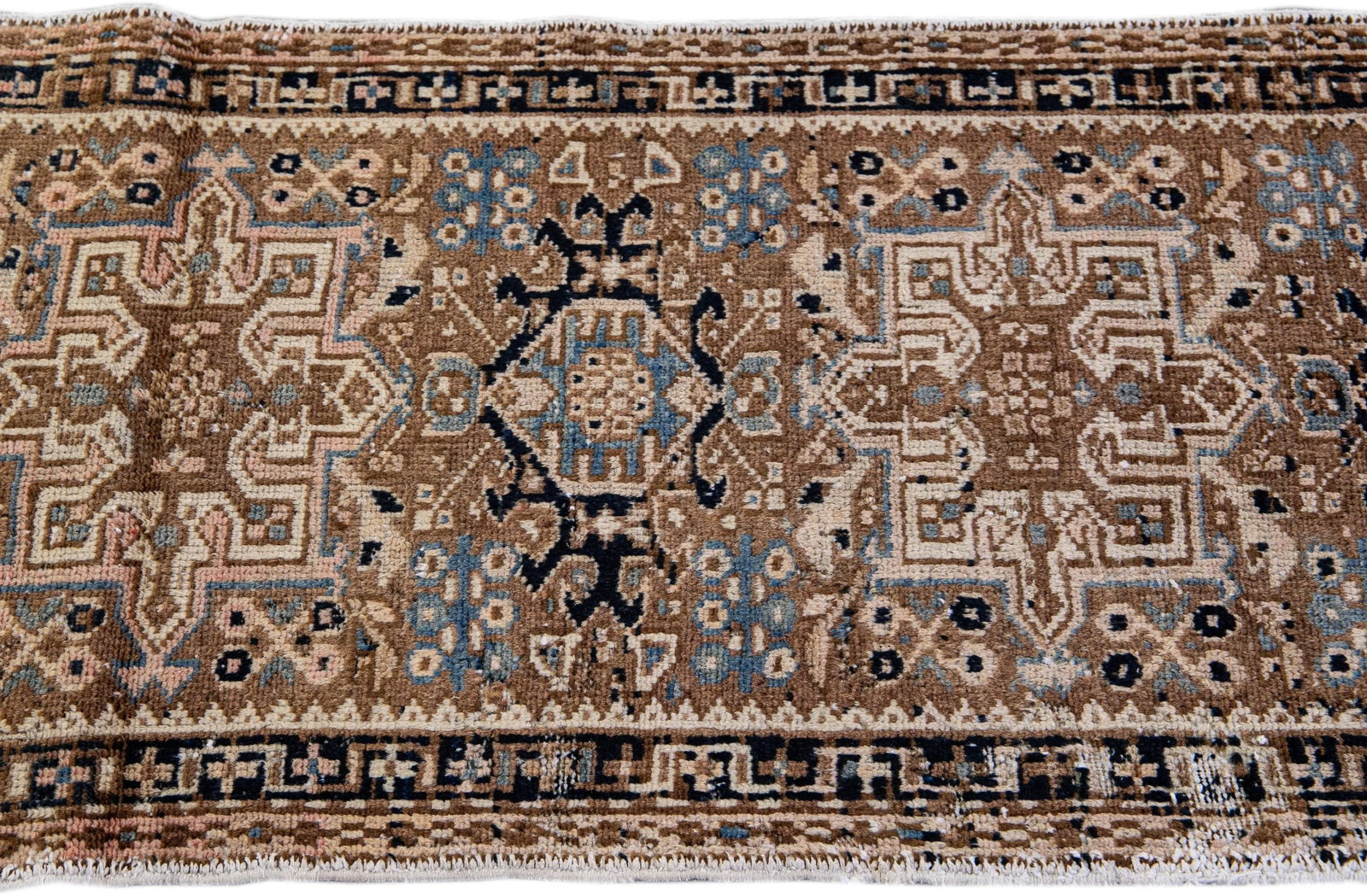 Vintage Distressed Geometric Brown Wool Runner - 7