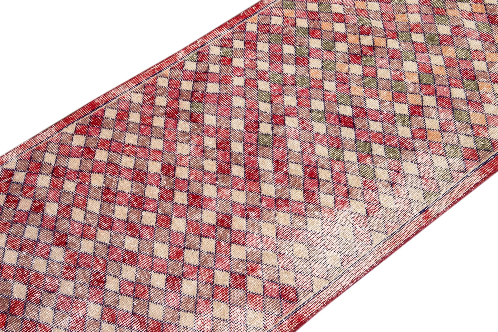 Vintage Art Deco Handmade Red Geometric Wool Runner - 9