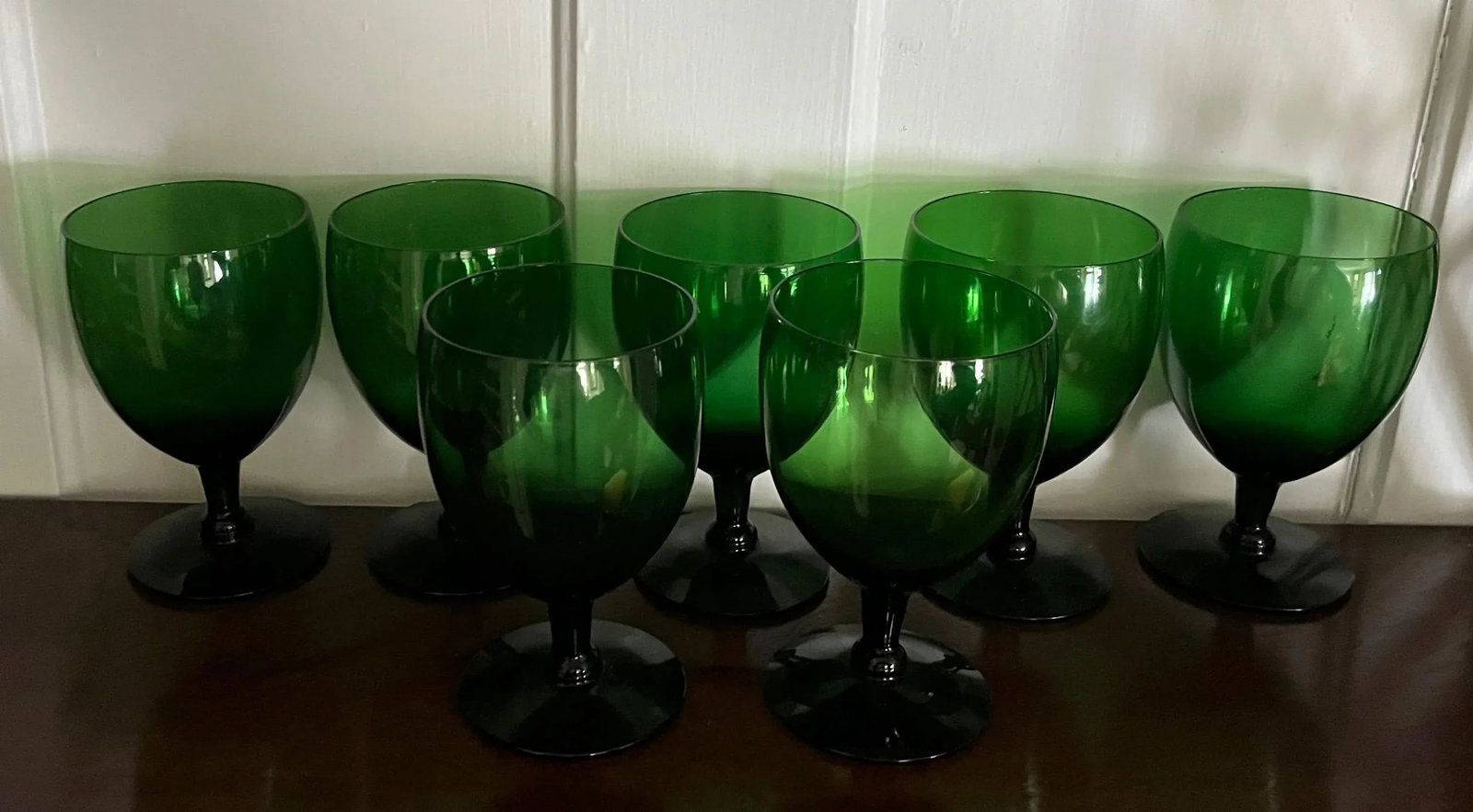 Anglo Irish Emerald Green White Wine Glasses or Water Goblets - a Set of 7 - 10