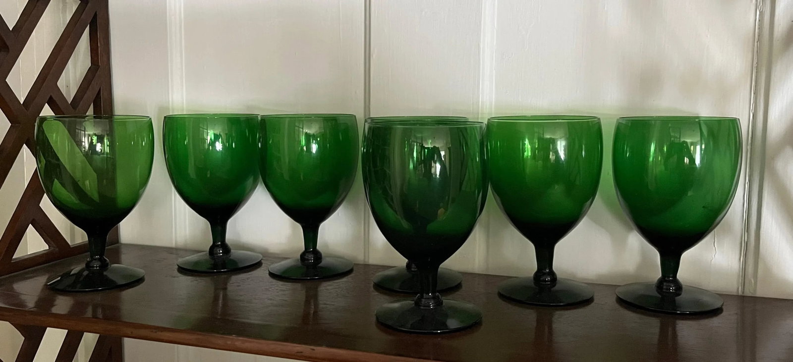 Anglo Irish Emerald Green White Wine Glasses or Water Goblets - a Set of 7 - 7
