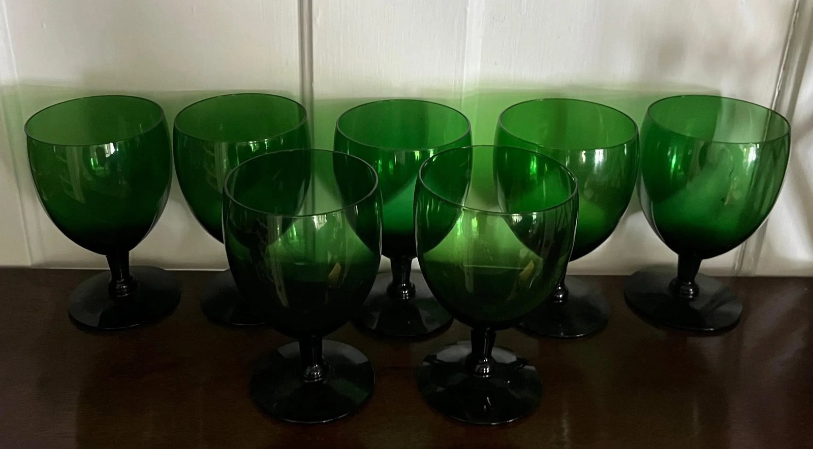 Anglo Irish Emerald Green White Wine Glasses or Water Goblets - a Set of 7 - 8