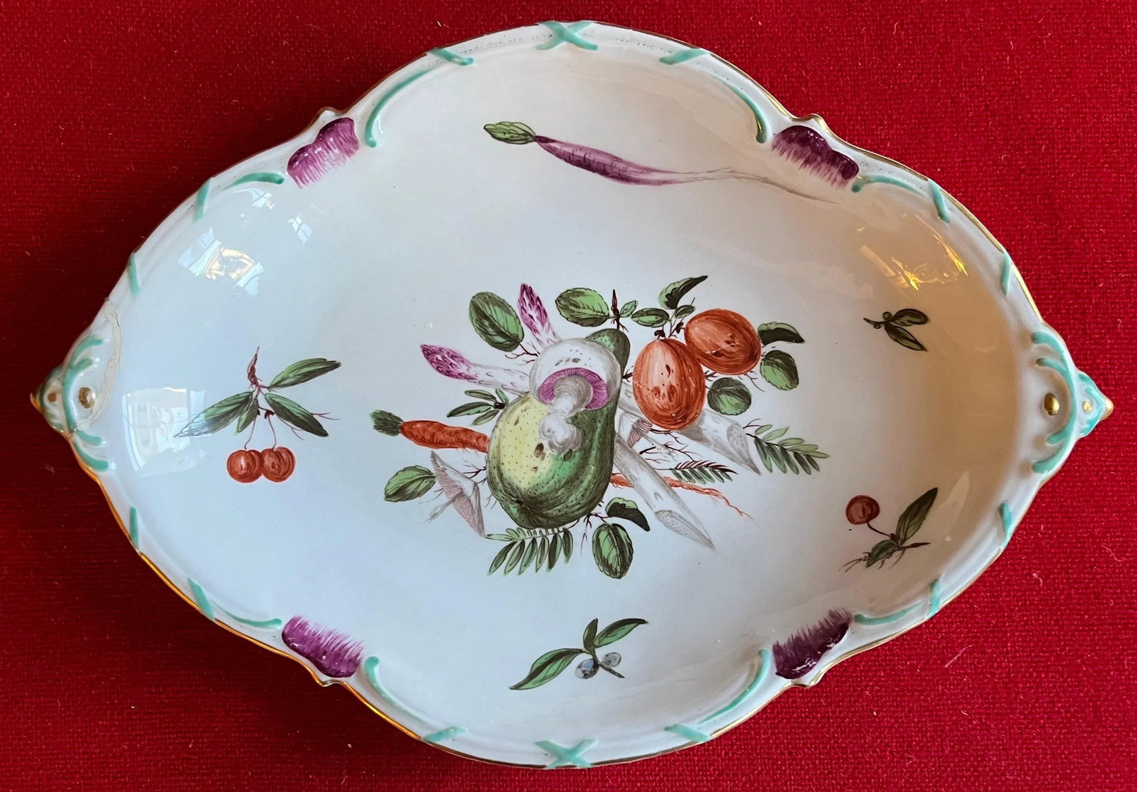 Antique 18th Century Chelsea Porcelain Lozenge Shape Dessert Dish Decorated With Fruit & Vegetables - 11