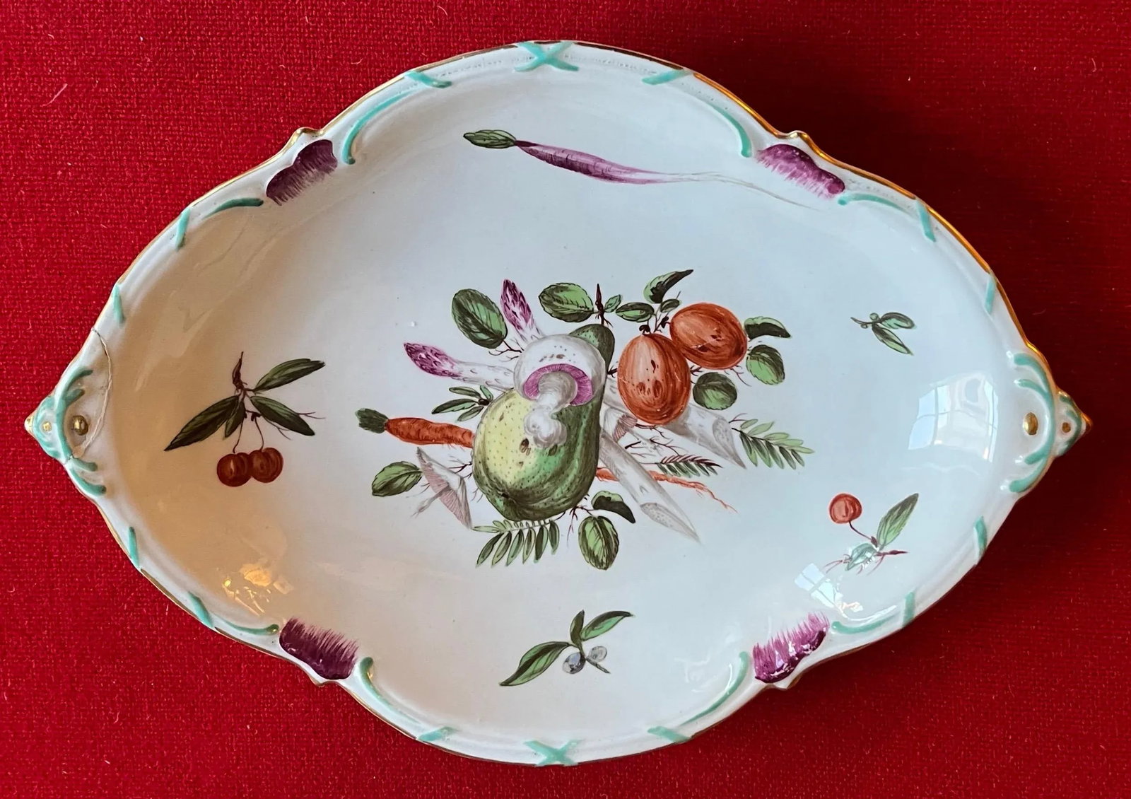 Antique 18th Century Chelsea Porcelain Lozenge Shape Dessert Dish Decorated With Fruit & Vegetables - 12