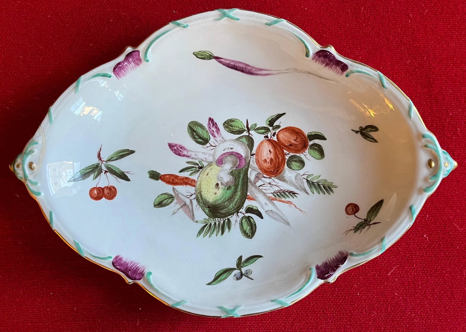 Antique 18th Century Chelsea Porcelain Lozenge Shape Dessert Dish Decorated With Fruit & Vegetables - 3
