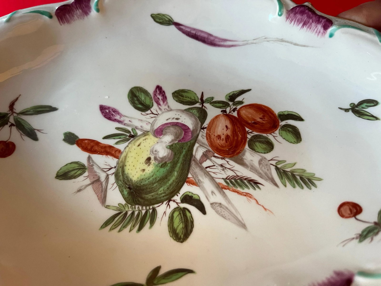 Antique 18th Century Chelsea Porcelain Lozenge Shape Dessert Dish Decorated With Fruit & Vegetables - 4
