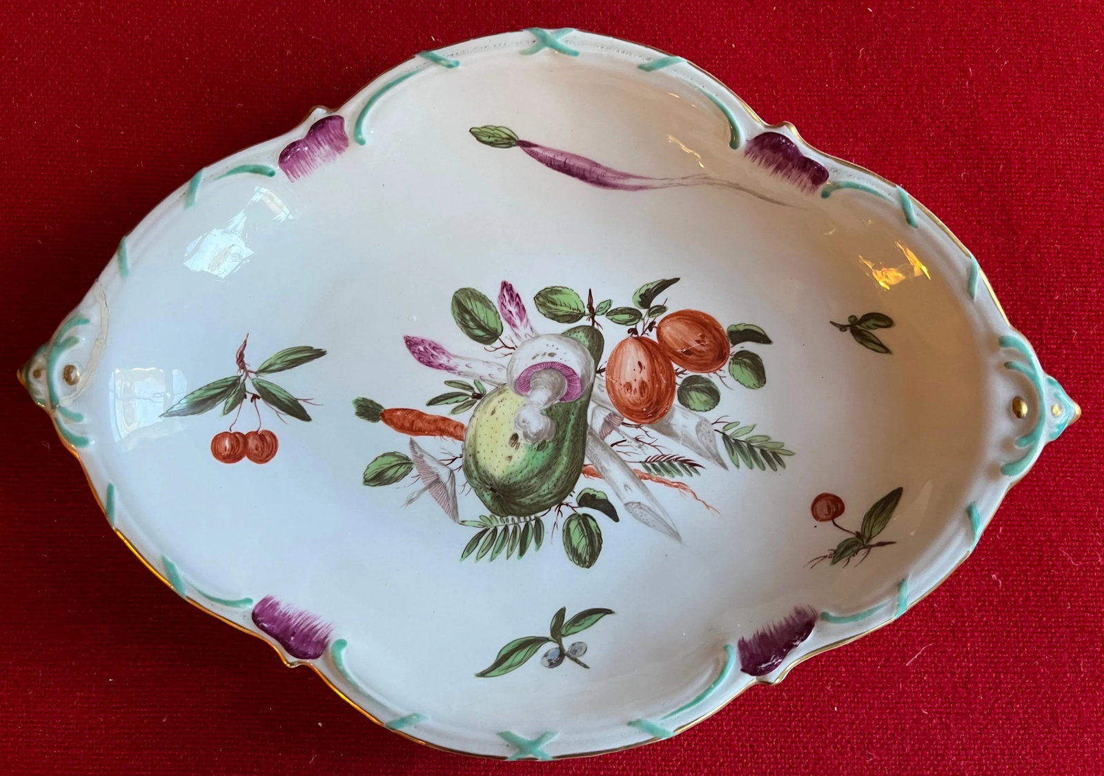 Antique 18th Century Chelsea Porcelain Lozenge Shape Dessert Dish Decorated With Fruit & Vegetables - 5