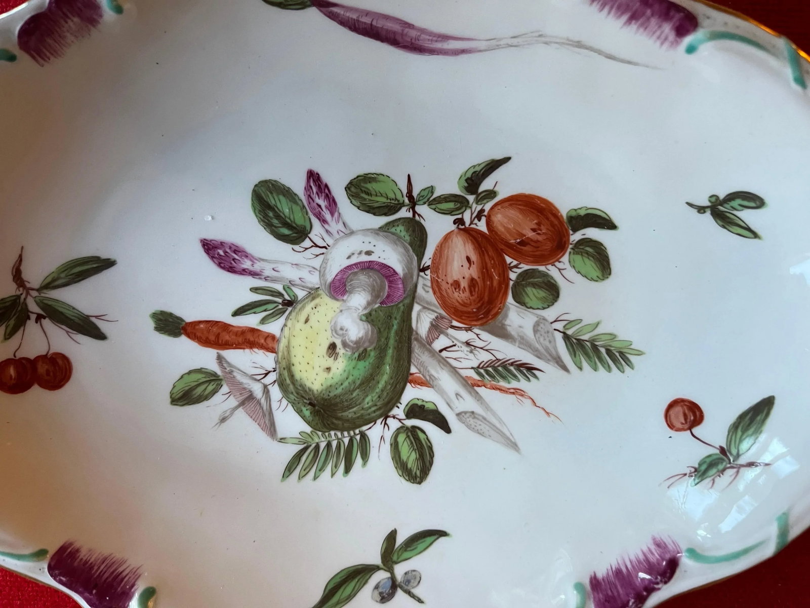 Antique 18th Century Chelsea Porcelain Lozenge Shape Dessert Dish Decorated With Fruit & Vegetables - 6