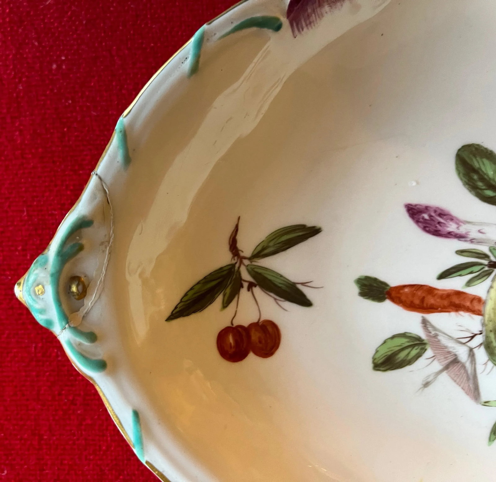Antique 18th Century Chelsea Porcelain Lozenge Shape Dessert Dish Decorated With Fruit & Vegetables - 7