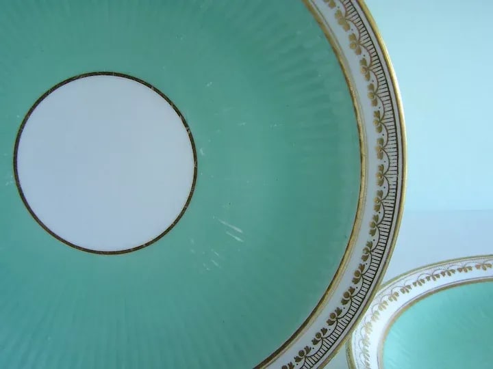 1850 Antique English Minton Porcelain Ribbed Turquoise Serving Plates - A Pair - 6