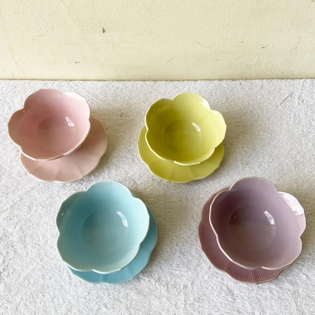 Purple, Pink, Blue and Yellow Lillian Venon Lotus Bowls and Saucers, 8 Pieces - 2