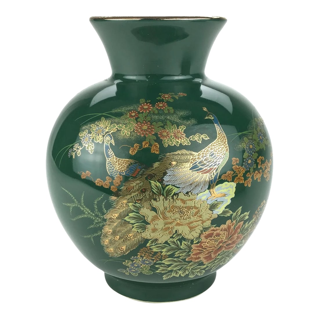 Peacock Decorated Round Porcelain Vase Made in Japan: Bright green porcelain vase made by Japanese artisans during the 70's. Gold painted peacocks are beautifully presented with detailed and auspicious design. In perfect condition! Condition: