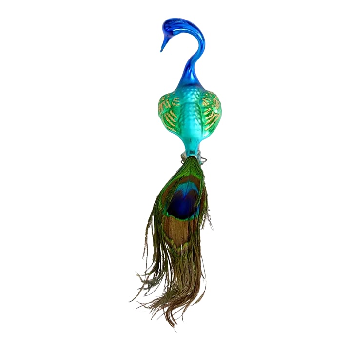 Vintage Peacock Mercury Glass Ornament: A dazzling vintage mercury glass peacock ornament with vibrant hand-painted detail and real feather tail. Finished in brilliant blue, teal, and gold, this striking piece clips easily to a tree