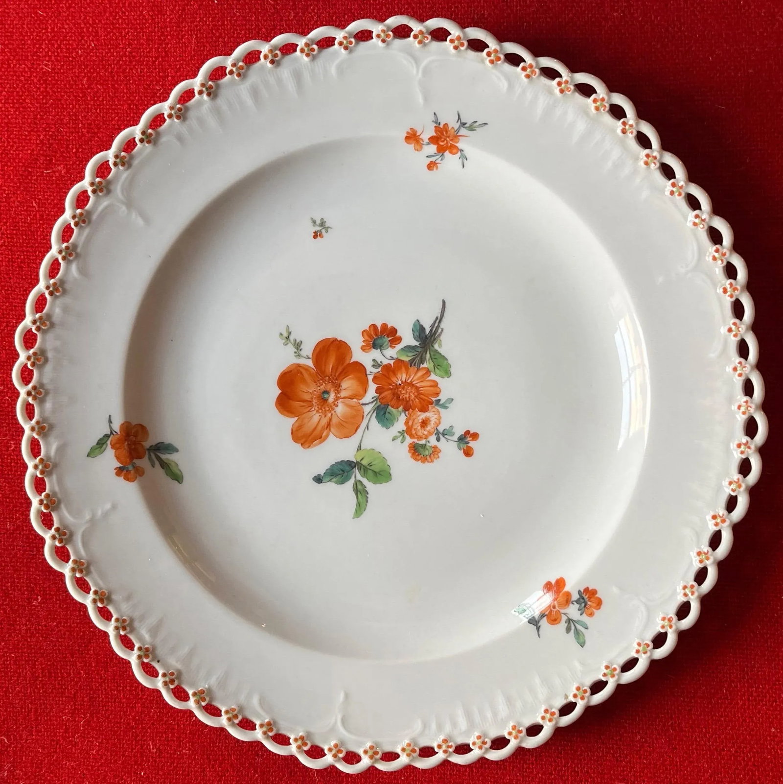 Antique 19th Century Kpm Berlin Porcelain Plate With Hand Painted Flowers and Reticulated Border - 6