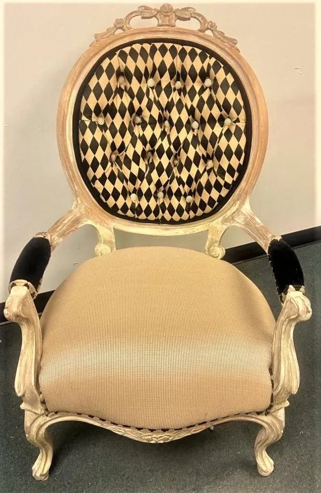 Antique 19th Century Louis XV Fauteuil in Cerused Walnut With New Black and Gold Harlequin Upholster - 4