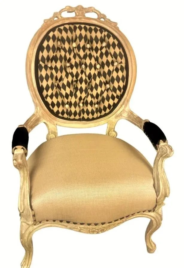 Antique 19th Century Louis XV Fauteuil in Cerused Walnut With New Black and Gold Harlequin Upholster - 5