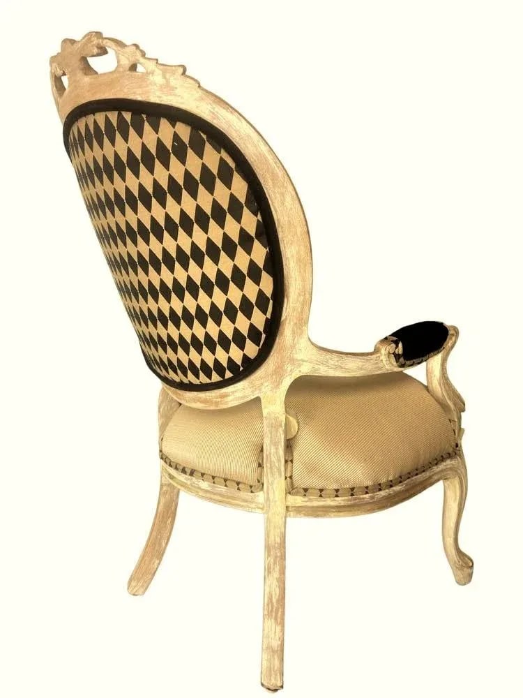 Antique 19th Century Louis XV Fauteuil in Cerused Walnut With New Black and Gold Harlequin Upholster - 6