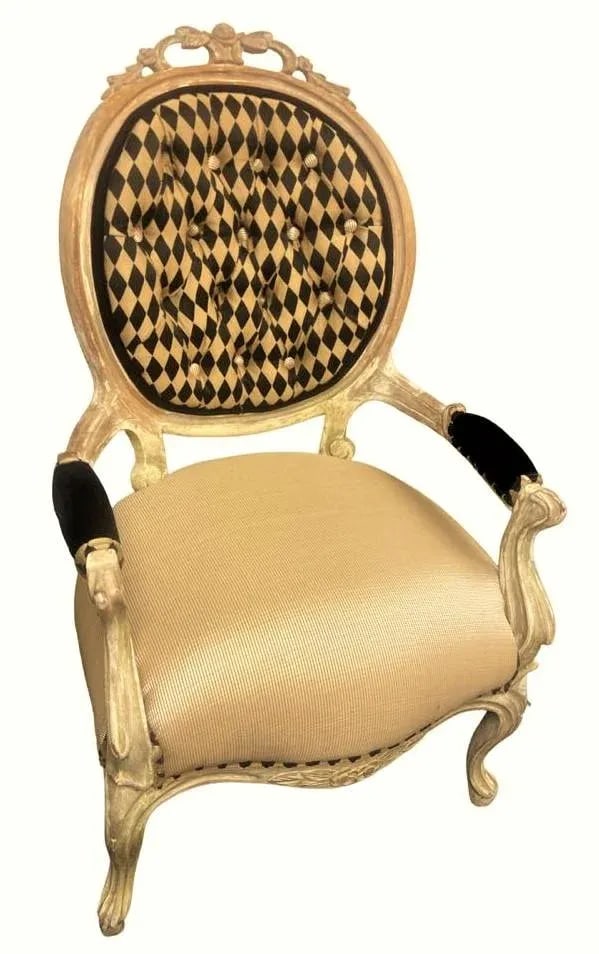 Antique 19th Century Louis XV Fauteuil in Cerused Walnut With New Black and Gold Harlequin Upholster - 9