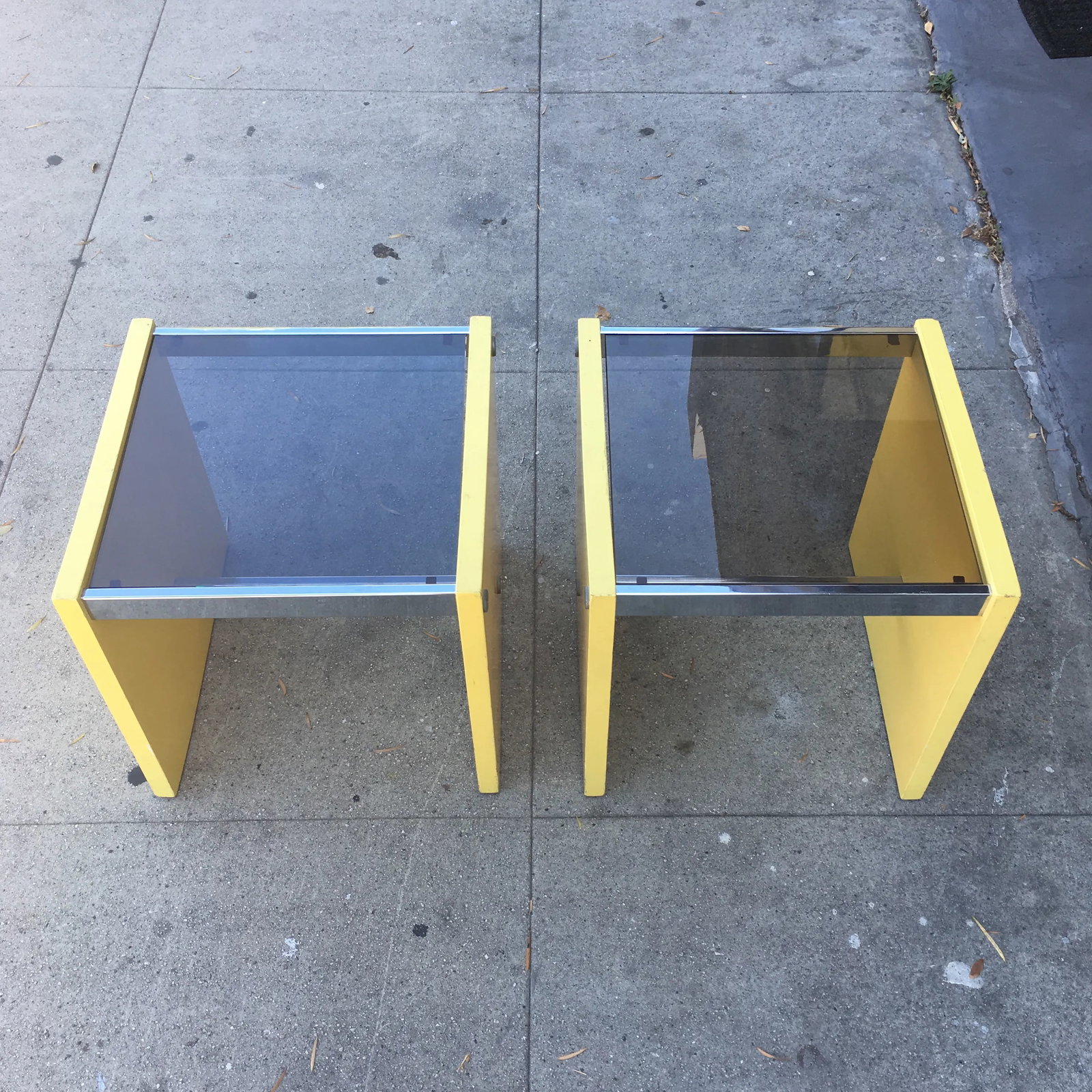 Pair of 1970s Mod Cube Side Tables - Yellow Lacquer, Chrome Stretchers & Smoked Glass Tops - 2