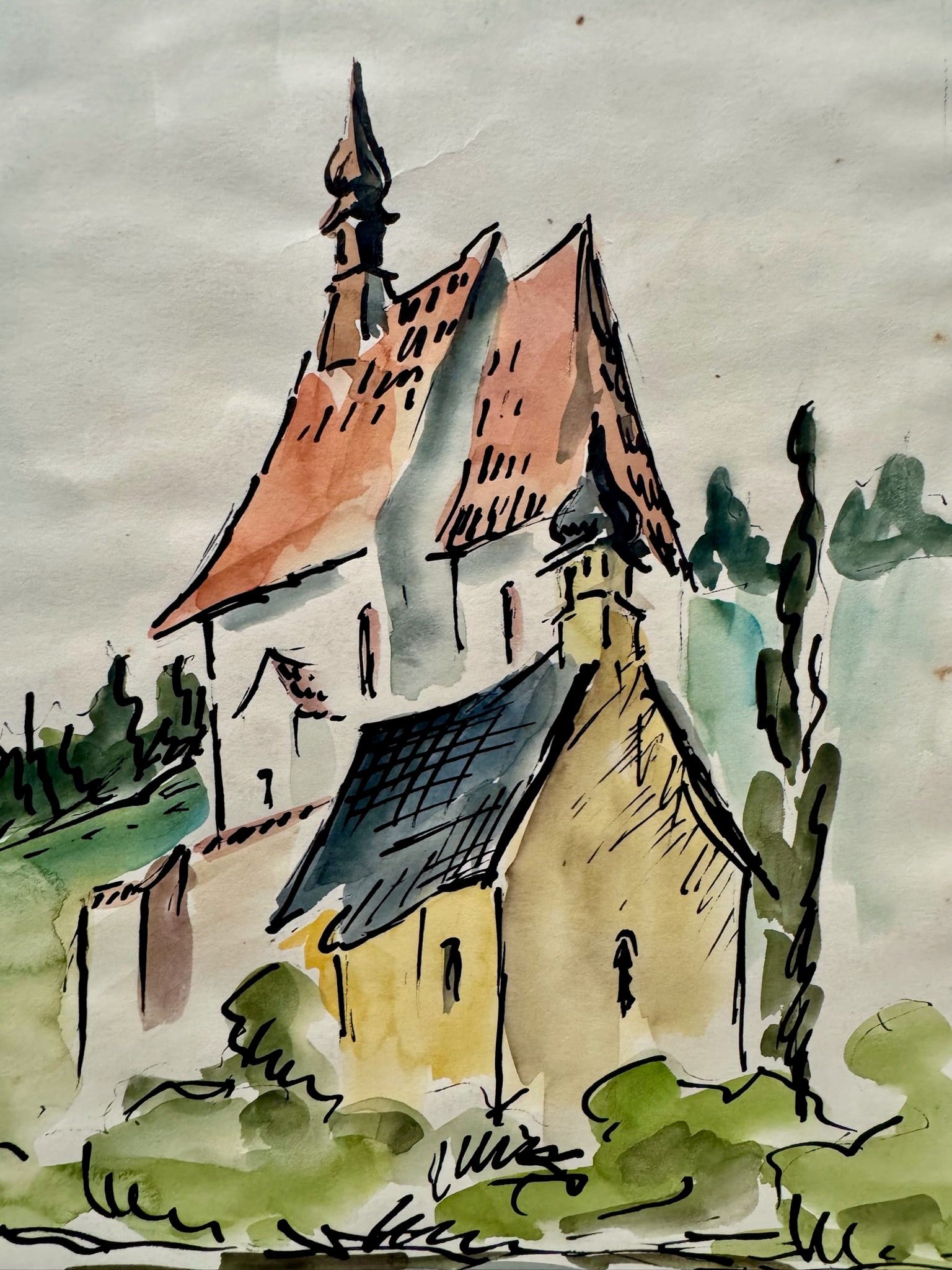 Henry Emil Salloch Original Watercolor on Paper Country Church , 1935. - 3