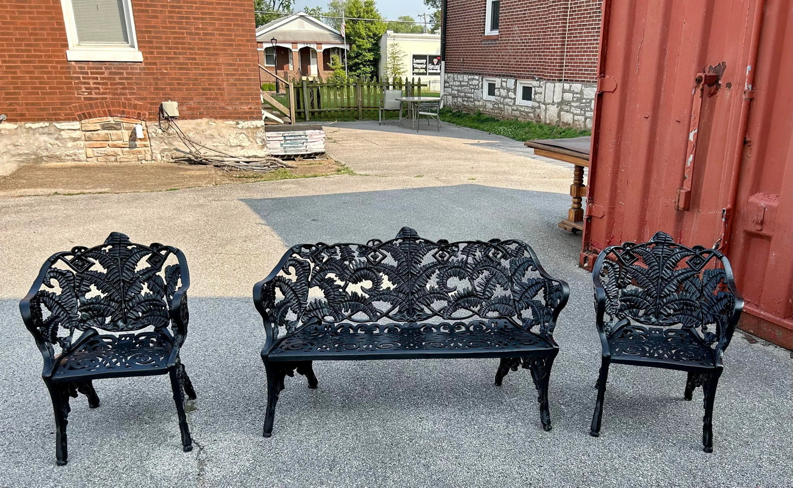 Vintage Stuart Iron Works Style Ornate Cast Iron Garden Bench & Chairs, 3 Pieces - 12