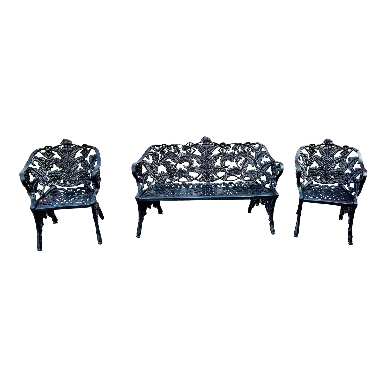 Vintage Stuart Iron Works Style Ornate Cast Iron Garden Bench & Chairs, 3 Pieces (1 of 12)