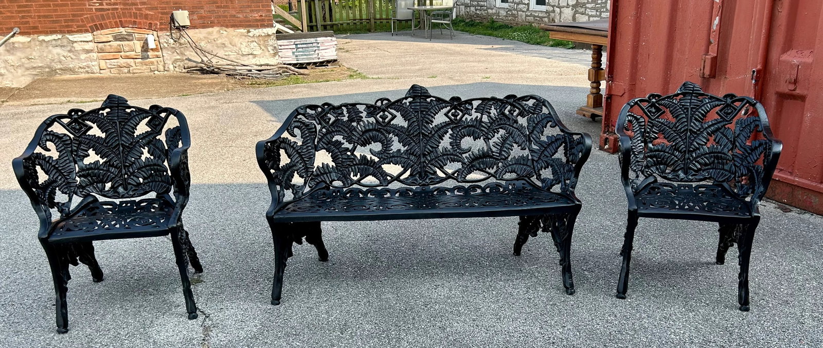 Vintage Stuart Iron Works Style Ornate Cast Iron Garden Bench & Chairs, 3 Pieces - 3