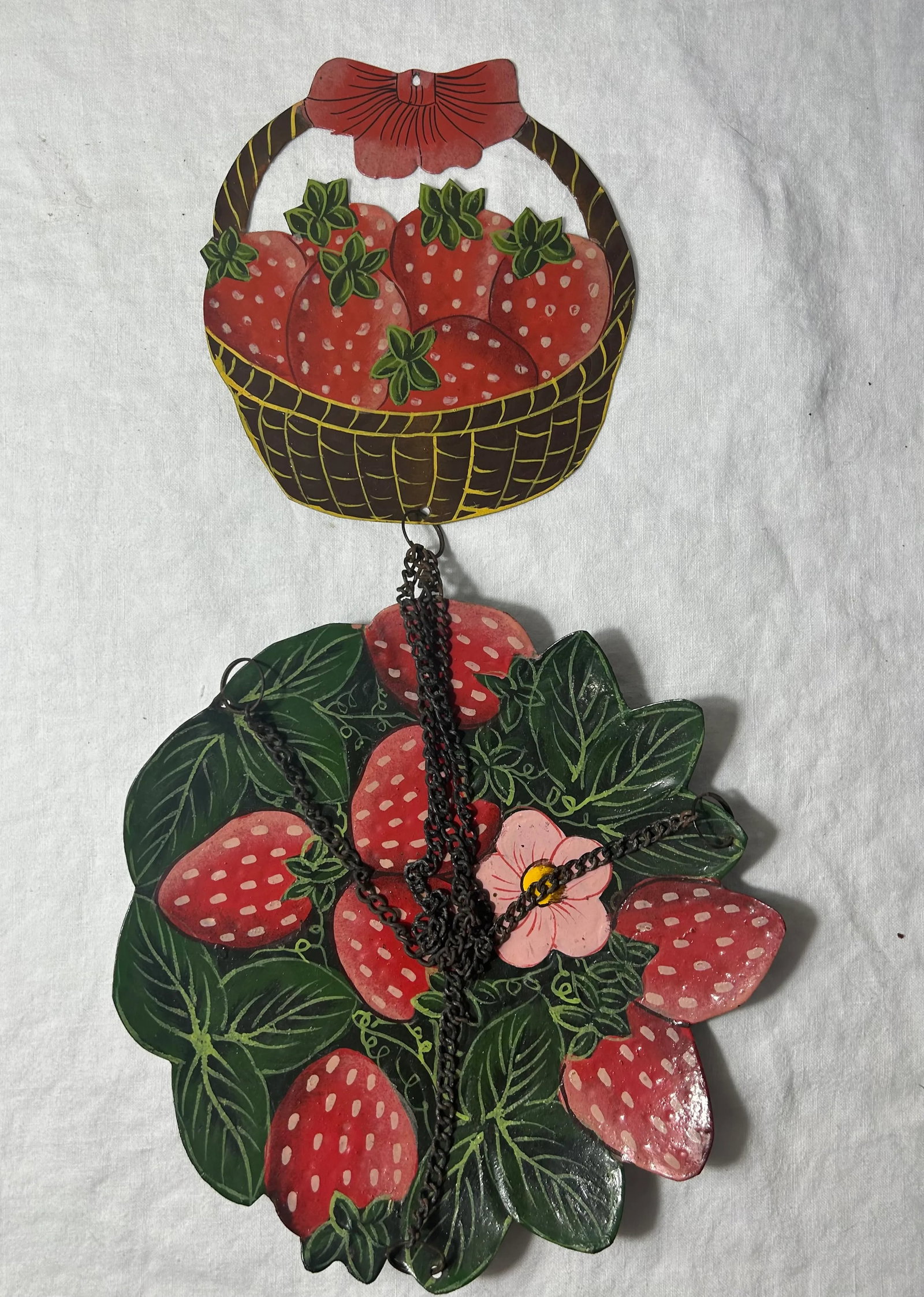 Vintage Hand Painted Folk Art Strawberry Basket Hanging Birdbath - 2