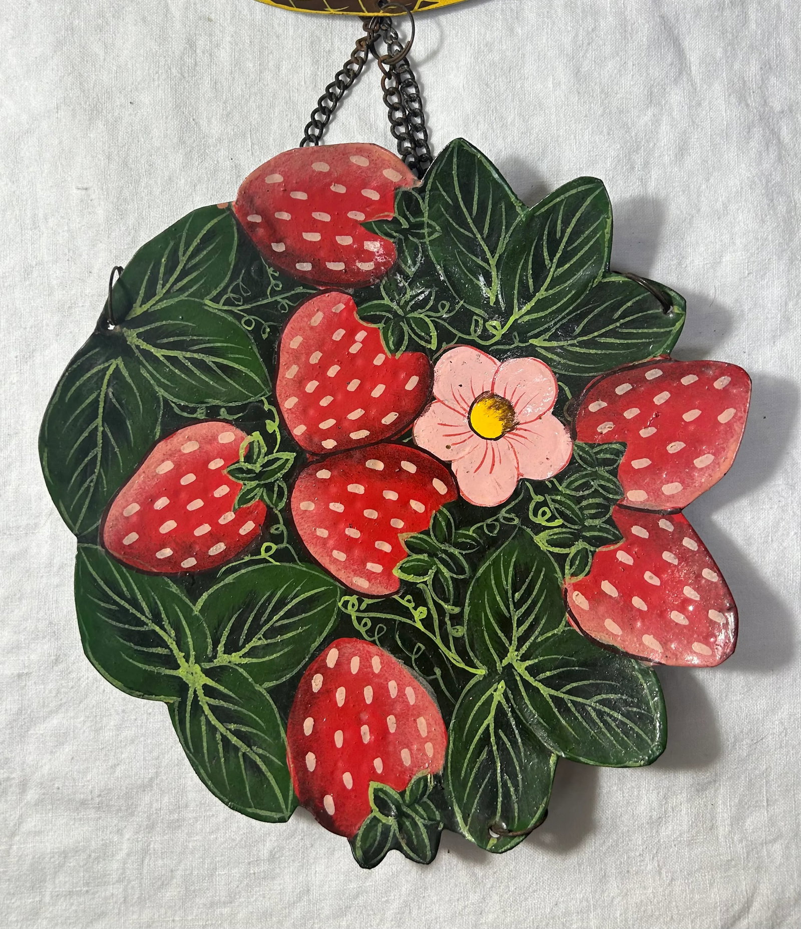 Vintage Hand Painted Folk Art Strawberry Basket Hanging Birdbath - 6