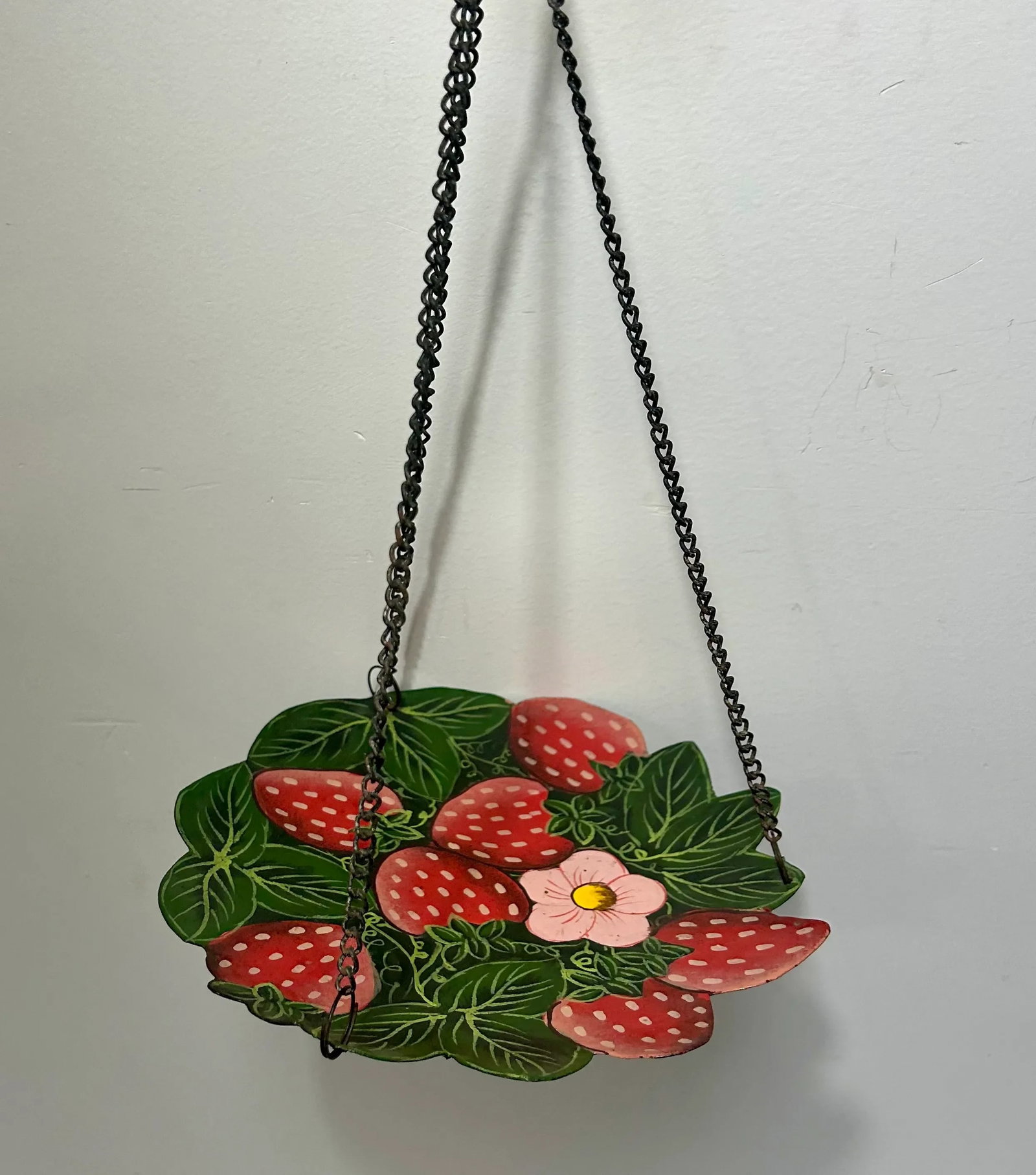 Vintage Hand Painted Folk Art Strawberry Basket Hanging Birdbath - 7