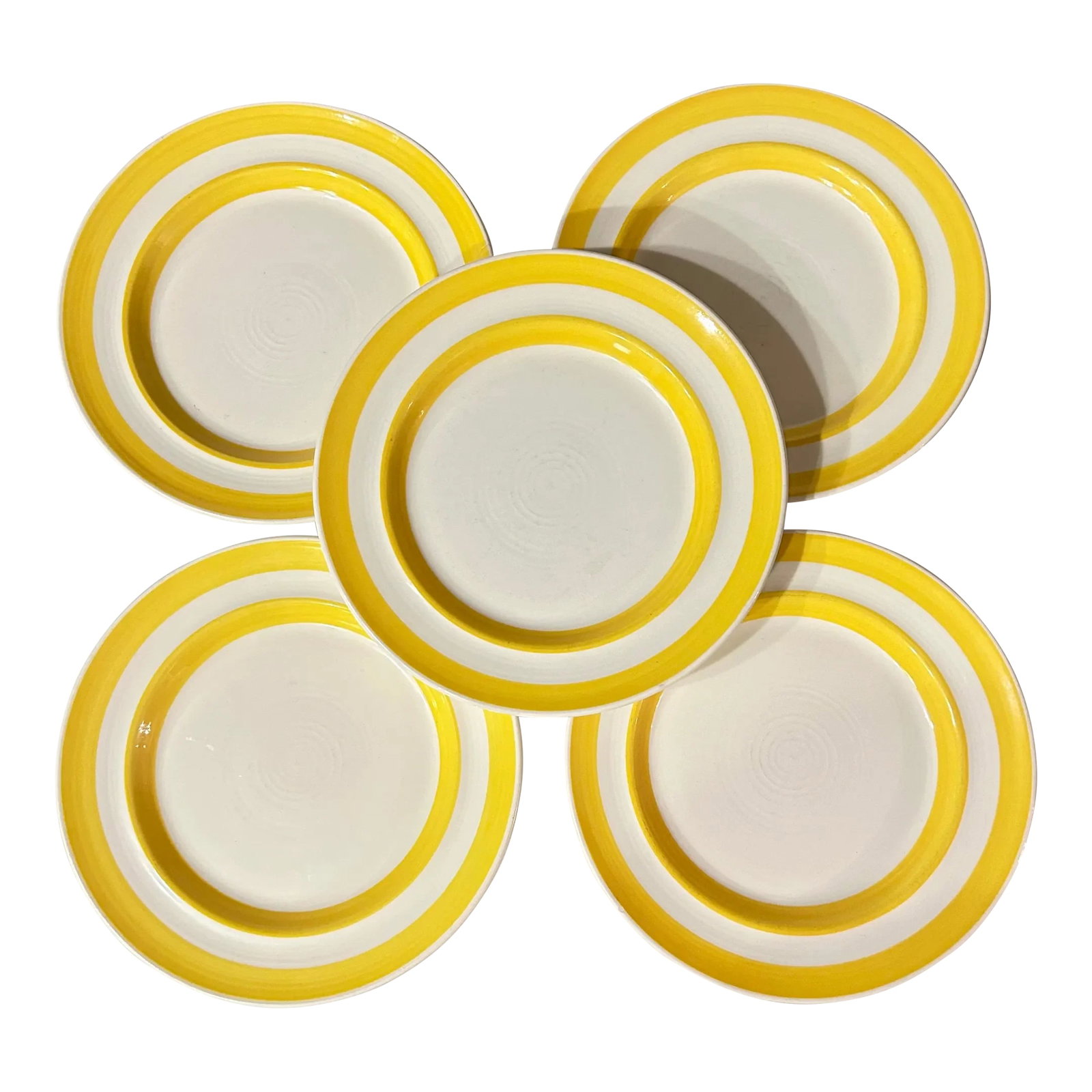 Vintage Yellow Striped Stoneware Plates Metlox Pottery- Set of 5: As bright as the California sunshine, these vintage salad plates feature two thick yellow outer rings on a creamy white background. Set of 5: Metlox Pottery of California Pattern: Colorbands Date of