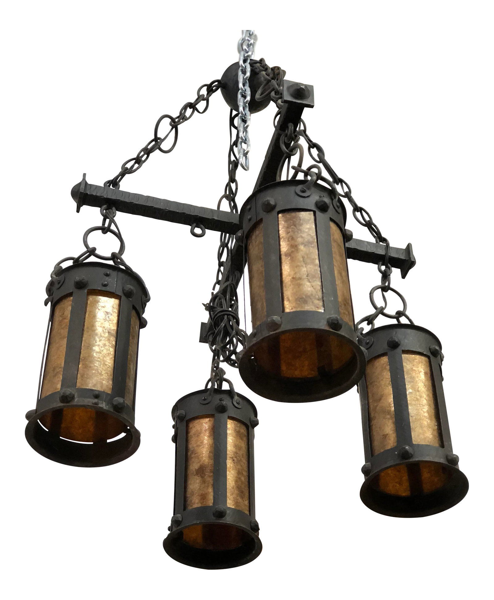 Spanish Gothic Revival Hanging Pendant Chandelier: This really is such a great Spanish revival reproduction light. This light is brand new made to look old. It has beautiful Mika shades on the inside that give a soft amber tone. The crossbar is hand