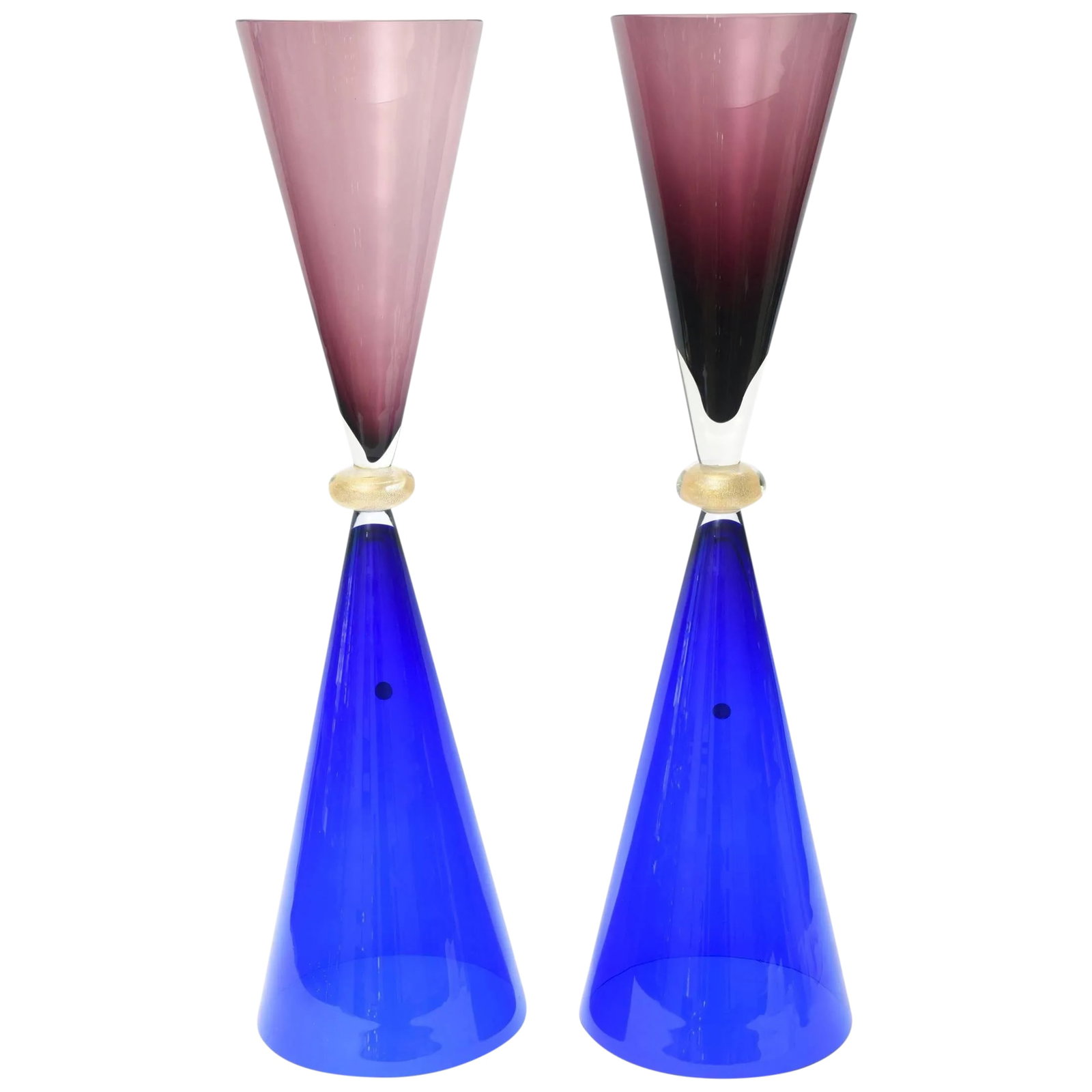 Vintage Seguso for Oggetti Monumental Murano Italian Glass Sculptures or Vases Pair of Purple, Royal: These absolutely stunning and arresting Italian vintage Murano glass monumental glass sculptures, vases and or vessels are by Seguso for Oggetti. The play of jewel toned colors with the gold