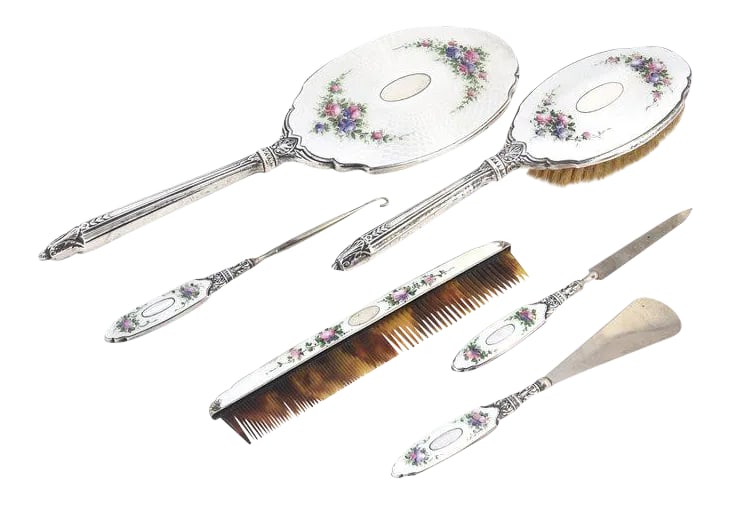 Sterling & Enamel Floral Dresser Set - 6 Pieces: Art Deco Saart Brothers, Sterling Silver & white guilloche enamel with a floral vanity, dresser brush set. Marked with Saart Brothers Hallmark & Sterling. It includes: Hand held mirror with beveled