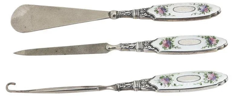 Sterling & Enamel Floral Dresser Set - 6 Pieces - 5