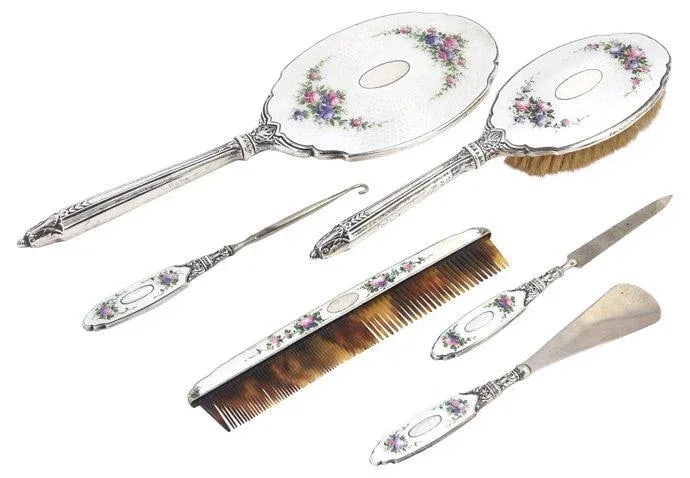 Sterling & Enamel Floral Dresser Set - 6 Pieces - 9
