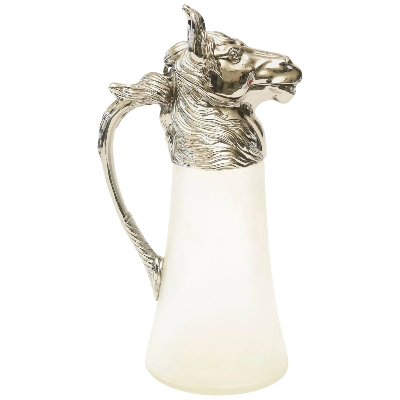 Vintage Retored Nickel-Plated and Frosted Glass Horse Decanter or Pitcher/ Barware: This lovely nickel silver plated and frosted glass horse vintage head decanter/ pitcher would make a great addition to the bar. It is from the 1970s. For the horse lover in mind. Condition: