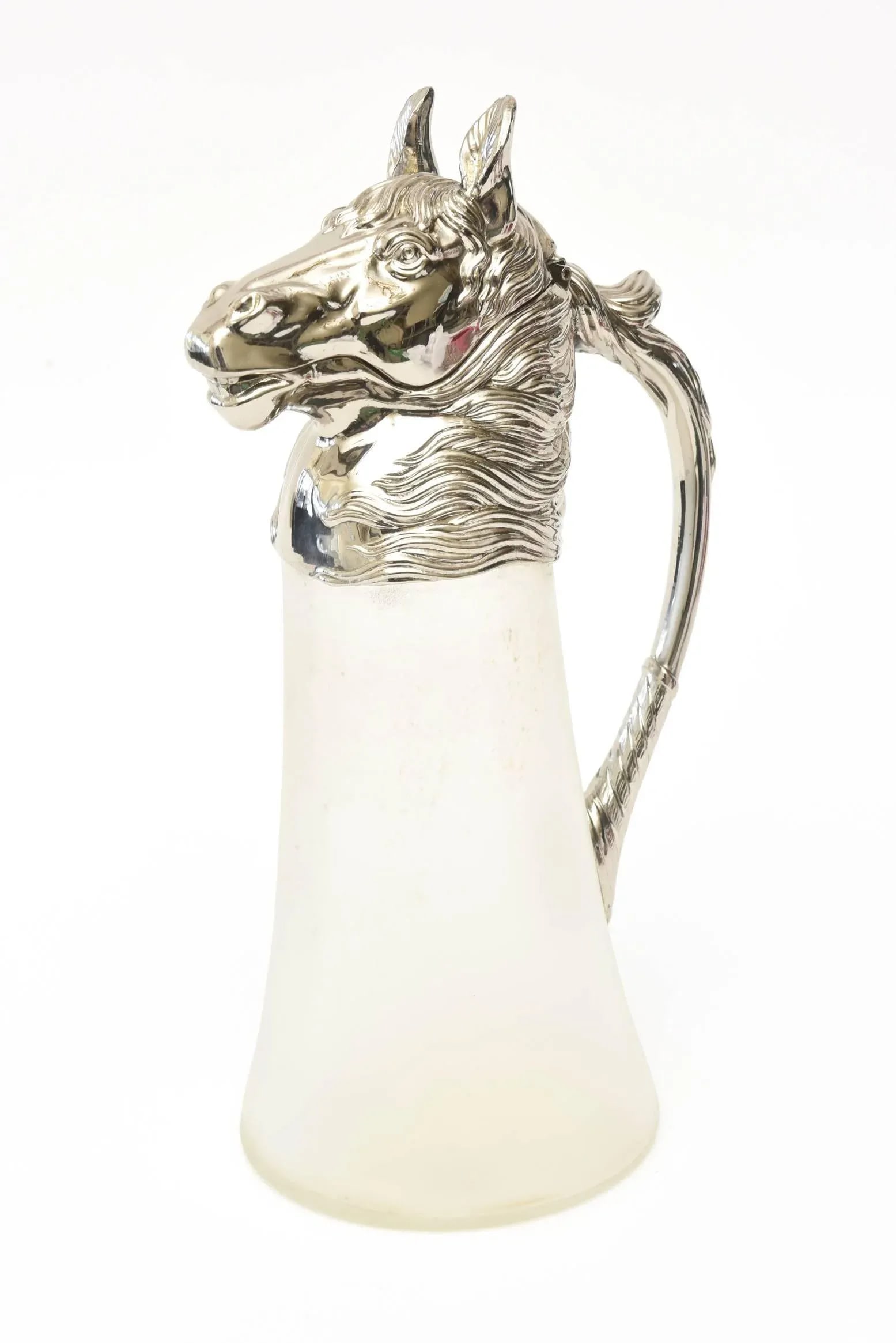 Vintage Retored Nickel-Plated and Frosted Glass Horse Decanter or Pitcher/ Barware - 2