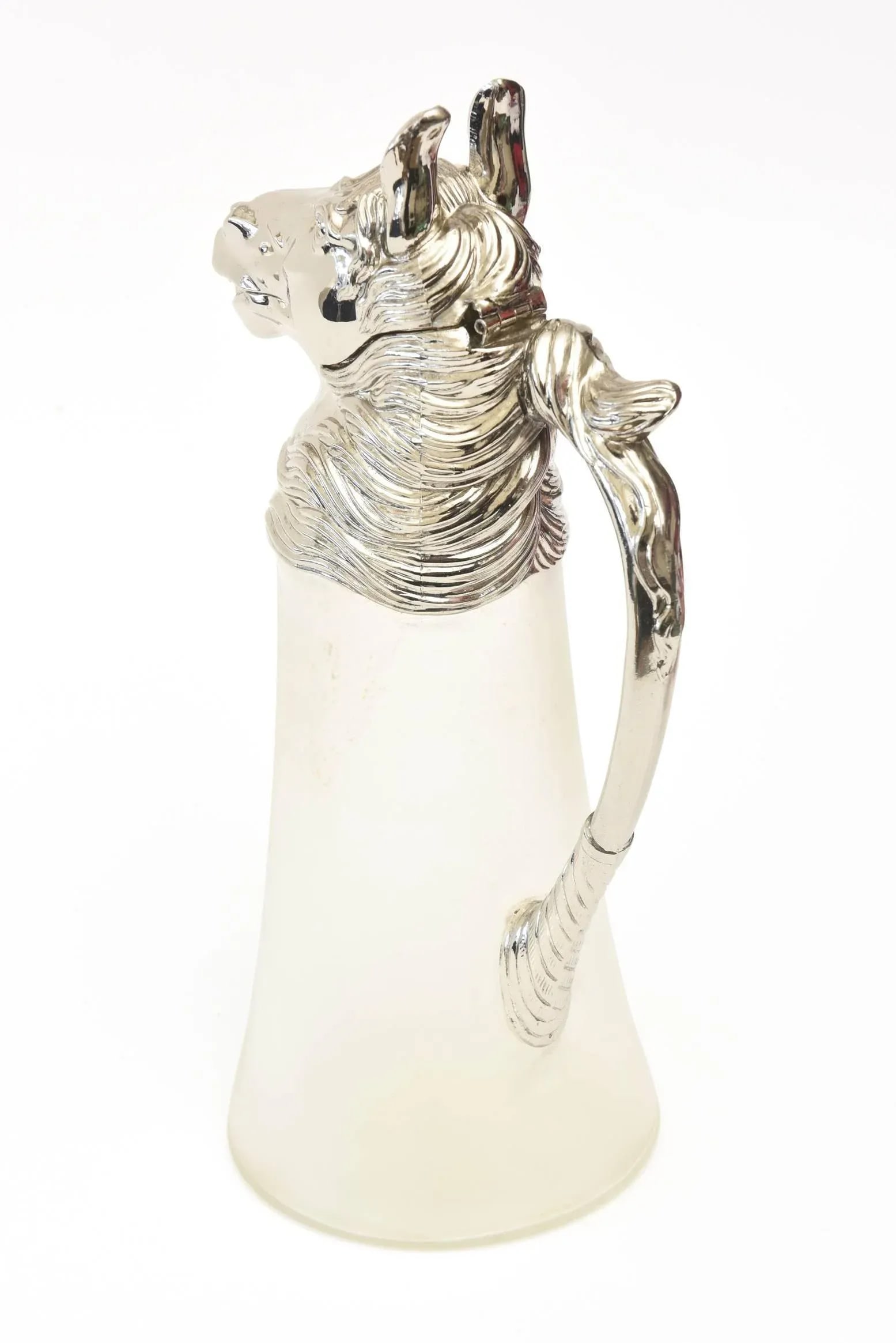 Vintage Retored Nickel-Plated and Frosted Glass Horse Decanter or Pitcher/ Barware - 5