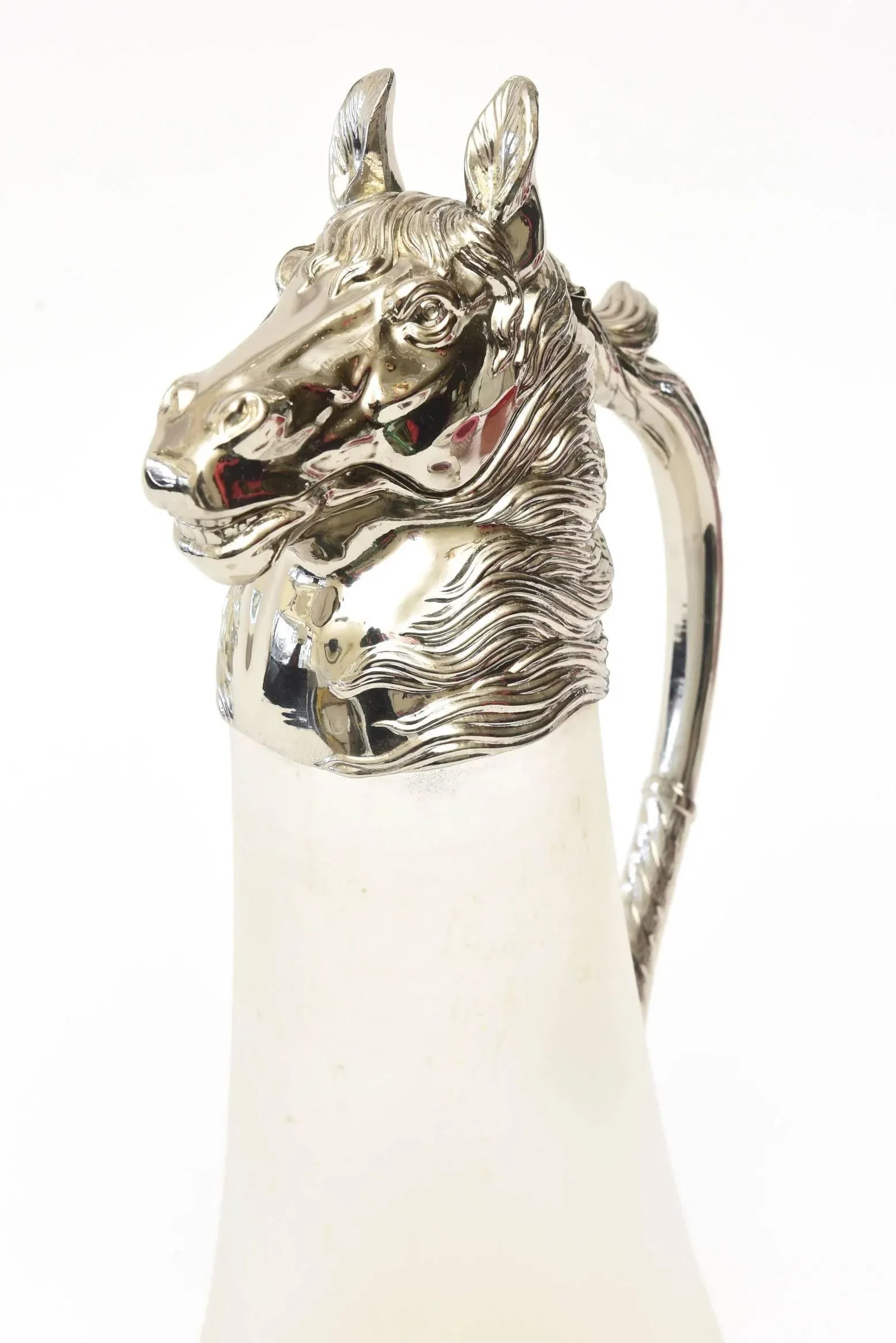Vintage Retored Nickel-Plated and Frosted Glass Horse Decanter or Pitcher/ Barware - 8