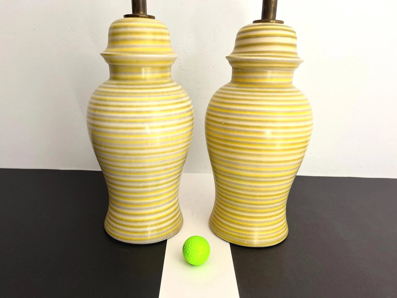 Midcentury Striped Ceramic Ginger Jar Lamps & Shades - a Pair - 10